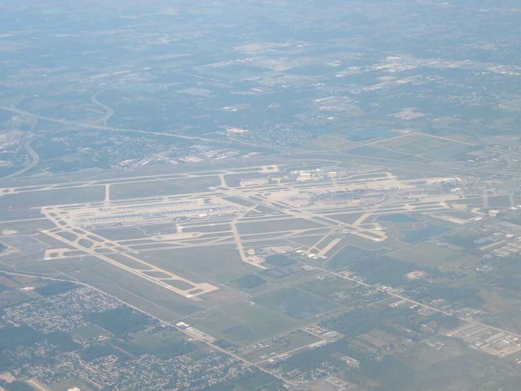 The view of Detroit Metropolitan Wayne County Airport from the air.