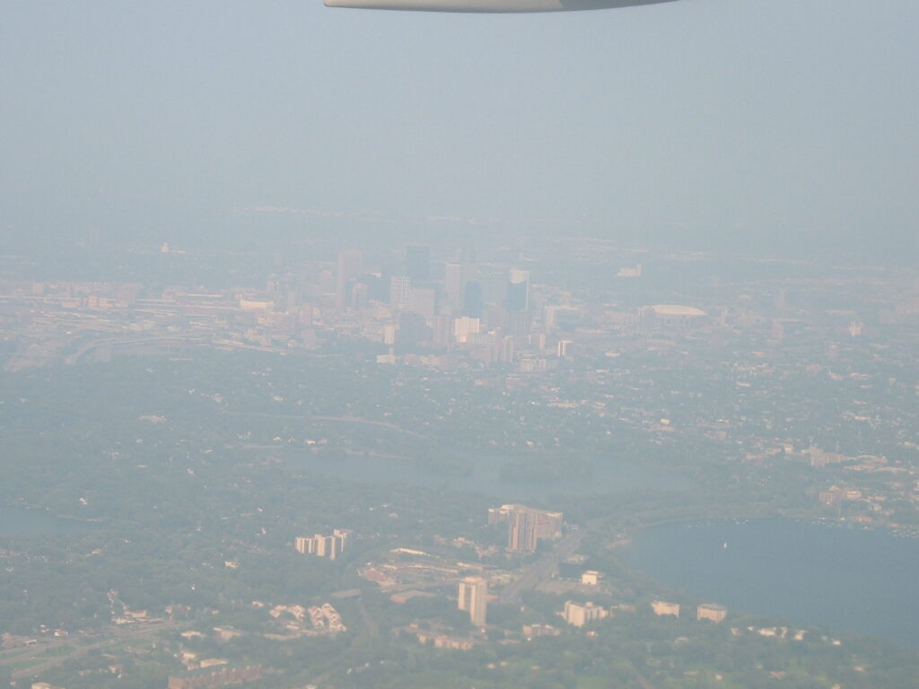 The view from the air that day of Minneapolis-St. Paul MSP Twin cities skyline as we approach the airport.