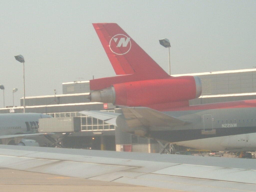 Closer view of the aft section - Northwest Airlines, McDonnell Douglas DC-10-30, N221NW Seen at Minneapolis-St. Paul gate G8 in 10-Sep-2005.