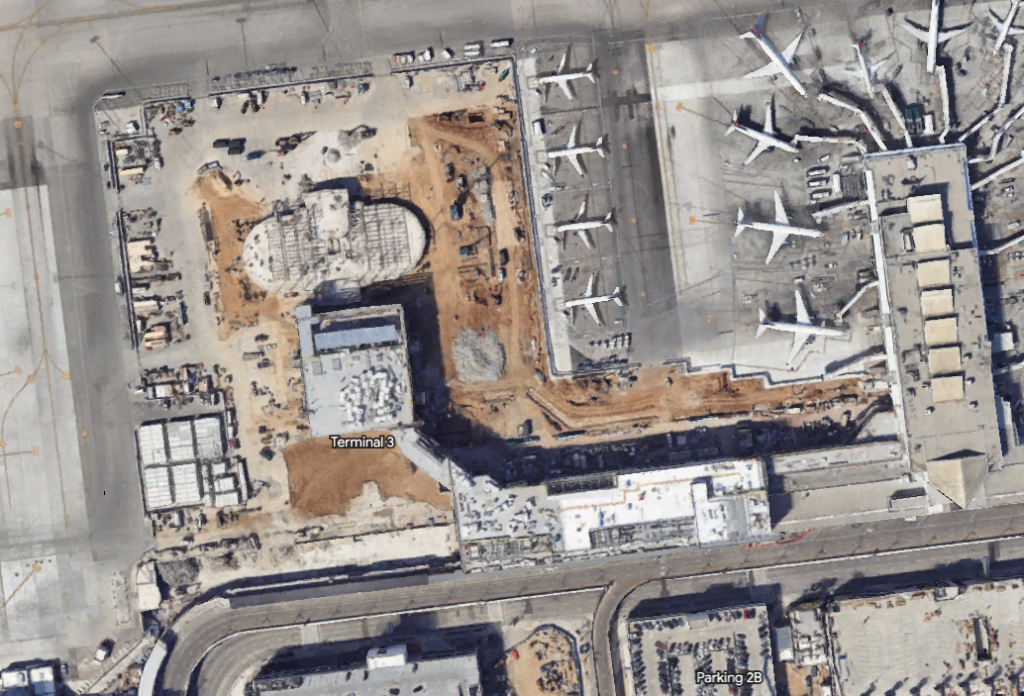 The old terminal 3 at Los Angeles International Airport has been destroyed for remodeling as imaged by Google Earth.